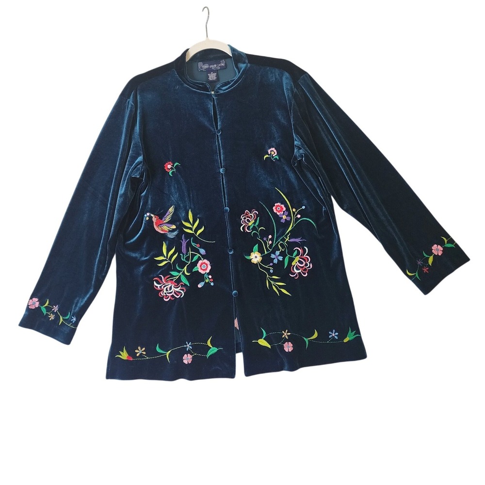 Susan Graver Teal‎ Velvet Embroidered Floral Bird Button Front Jacket Womens Med